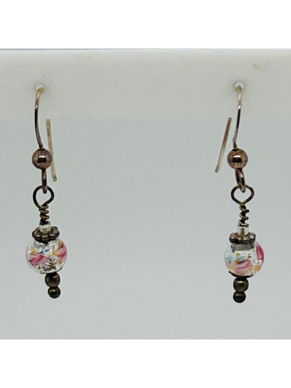 Sterling Silver Earrings Glass Lampwork Wedding Cake Bead Pink Floral Dangle